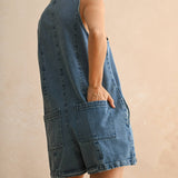 Button Front Sleveless Denim Romper