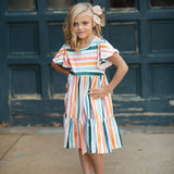 Kids Boho Rainbow Stripe Flutter Sleeve Dress