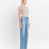 High Rise Distressed Slim Wide Leg Jeans