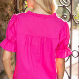 Ruffle Detailed V Neck Floral Embroidered Solid Top