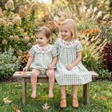 Sage Green Gingham Pumpkin Smocked Romper