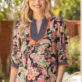 Suzanne Wavy Trim Detailed Floral Stripe Mixed Blouse