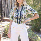 Wavy Trim Button Down Print Top