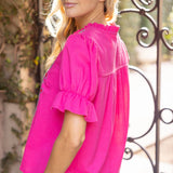 Ruffle Detailed V Neck Floral Embroidered Solid Top