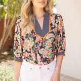 Suzanne Wavy Trim Detailed Floral Stripe Mixed Blouse