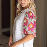 Floral Embroidered Short Bubble Sleeve Top