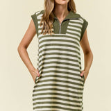 Stripe Half Zip-Up Cap Sleeve Mini Dress