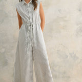 Striped Pattern Jumpsuit with Button Down