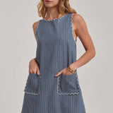 Sleeveless Stripe Denim Mini Dress with Scalloped Embroidery