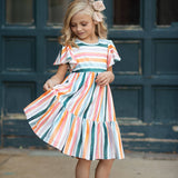 Kids Boho Rainbow Stripe Flutter Sleeve Dress