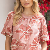 Contrast Band Detailed Floral Embroidery Top: Pink