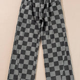 Solid Color Checkered Denim Wide Leg Jeans