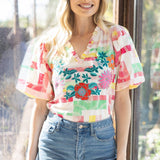 Ralley Ruffled V Neck Floral Embroidery Top