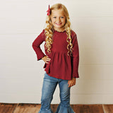 Kids Burgundy Wine Long Sleeve Lettuce Trim Ribbed Shirt
