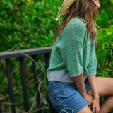 Multi Color Collared Knitted Top - Green/Blue