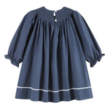 Navy Blue Nativity Long Sleeve Smocked Bishop Dress