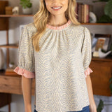 Cali Stripe Ruffle Detailed Animal Print Knit Blouse