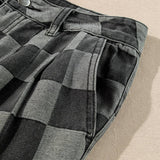 Solid Color Checkered Denim Wide Leg Jeans