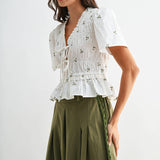 Embroidered Cotton Peplum Blouse with Pleats