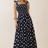 Polka Dot Sleeveless Tired Midi Dress With Smocked Top | Navy White
