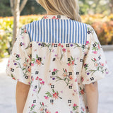 Floral And Stripe Mixed Tassle Front Top: Ivory