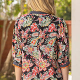 Suzanne Wavy Trim Detailed Floral Stripe Mixed Blouse