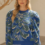 Pleated Long Puff Sleeve Floral Print Sweater Top