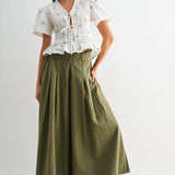 Embroidered Cotton Peplum Blouse with Pleats
