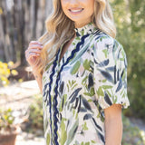 Wavy Trim Button Down Print Top