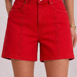 Game Day Mid Rise Color Denim Shorts with Scallop Front Seam: Multiple Colors