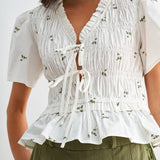 Embroidered Cotton Peplum Blouse with Pleats