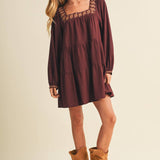 Square-Neck Embroidered Tiered Mini Dress