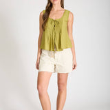 Lace Trim Front Tie Button Down Sleeveless Top