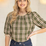 Suede Accent Banded Crinkled Plaid Top