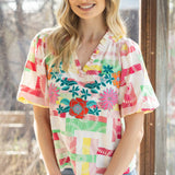Ralley Ruffled V Neck Floral Embroidery Top