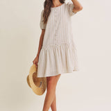 Breeze Stripe Puff Sleeve Mini Dress With Faux Buttons: Latte