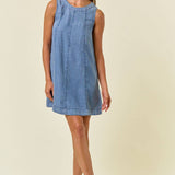 Chambray Round Neckline Sleeveless A-Line Mini Dress