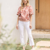 Contrast Band Detailed Floral Embroidery Top: Pink