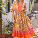 Summer Palm Print Contrast Color Block Midi Dress