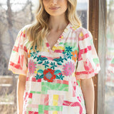 Ralley Ruffled V Neck Floral Embroidery Top
