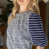 Mixed Pattern Fuzzy Striped Puff Sleeve Top