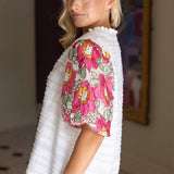 Floral Embroidered Short Bubble Sleeve Top