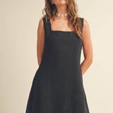Linen Square Neck Pattern Mini Dress | Black