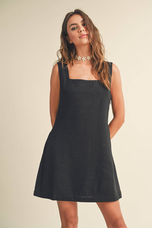 Linen Square Neck Pattern Mini Dress | Black