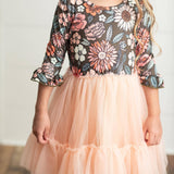 Kids Brown & Peach Vintage Floral Tulle Fall Dress