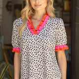 Zelly Double Contrast Ruffle Detailed Animal Printed Knit Blouse
