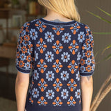Short Puff Sleeve Floral Abstract Knit Top