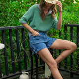 Multi Color Collared Knitted Top - Green/Blue