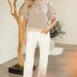 Ruffle Ribbed Knit Hem Wavy Print Top