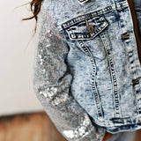 Kids Silver Sequin & Light Wash Denim Button Pocket Jacket